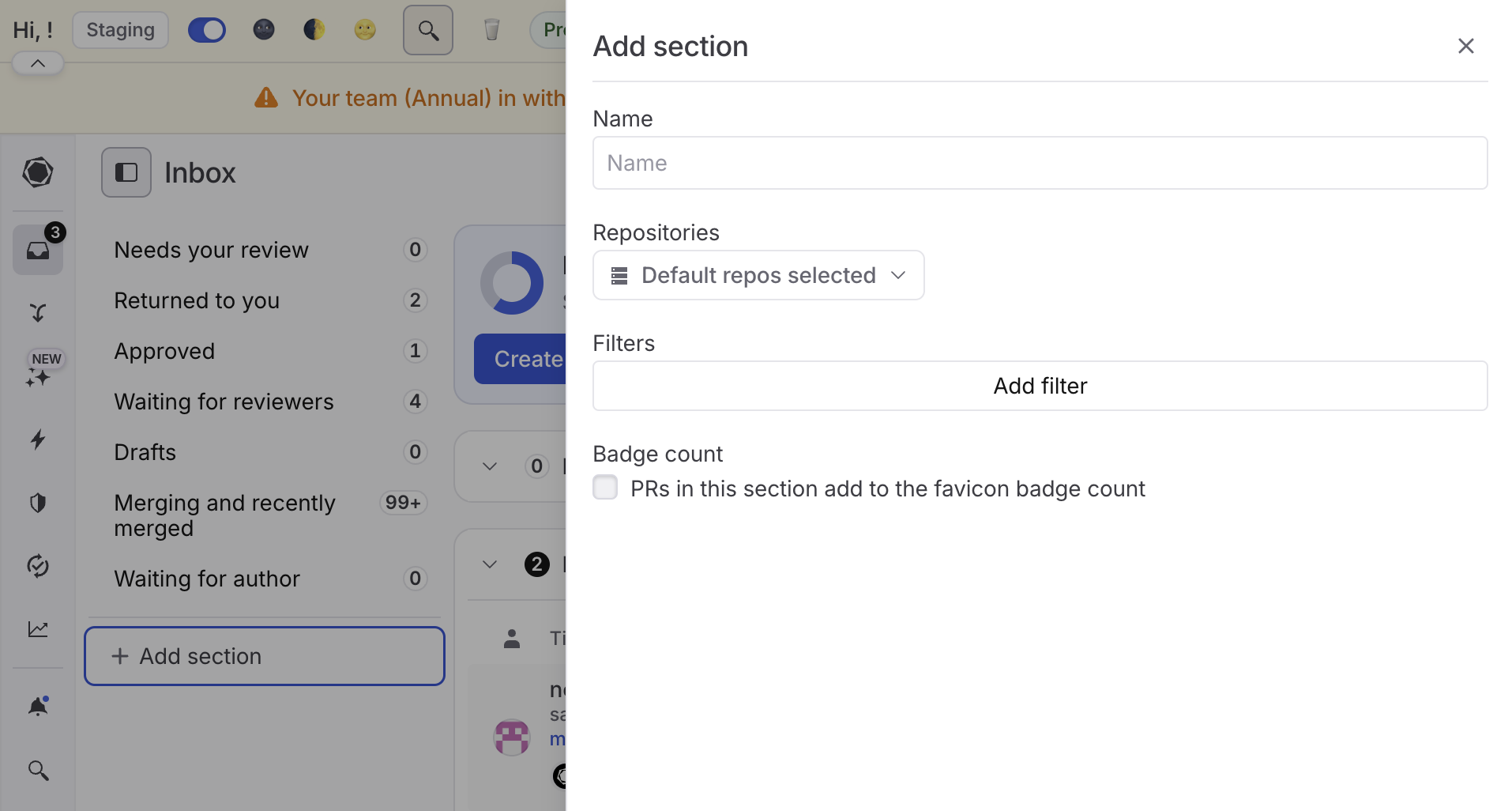 screenshot of adding a custom section to the PR inbox