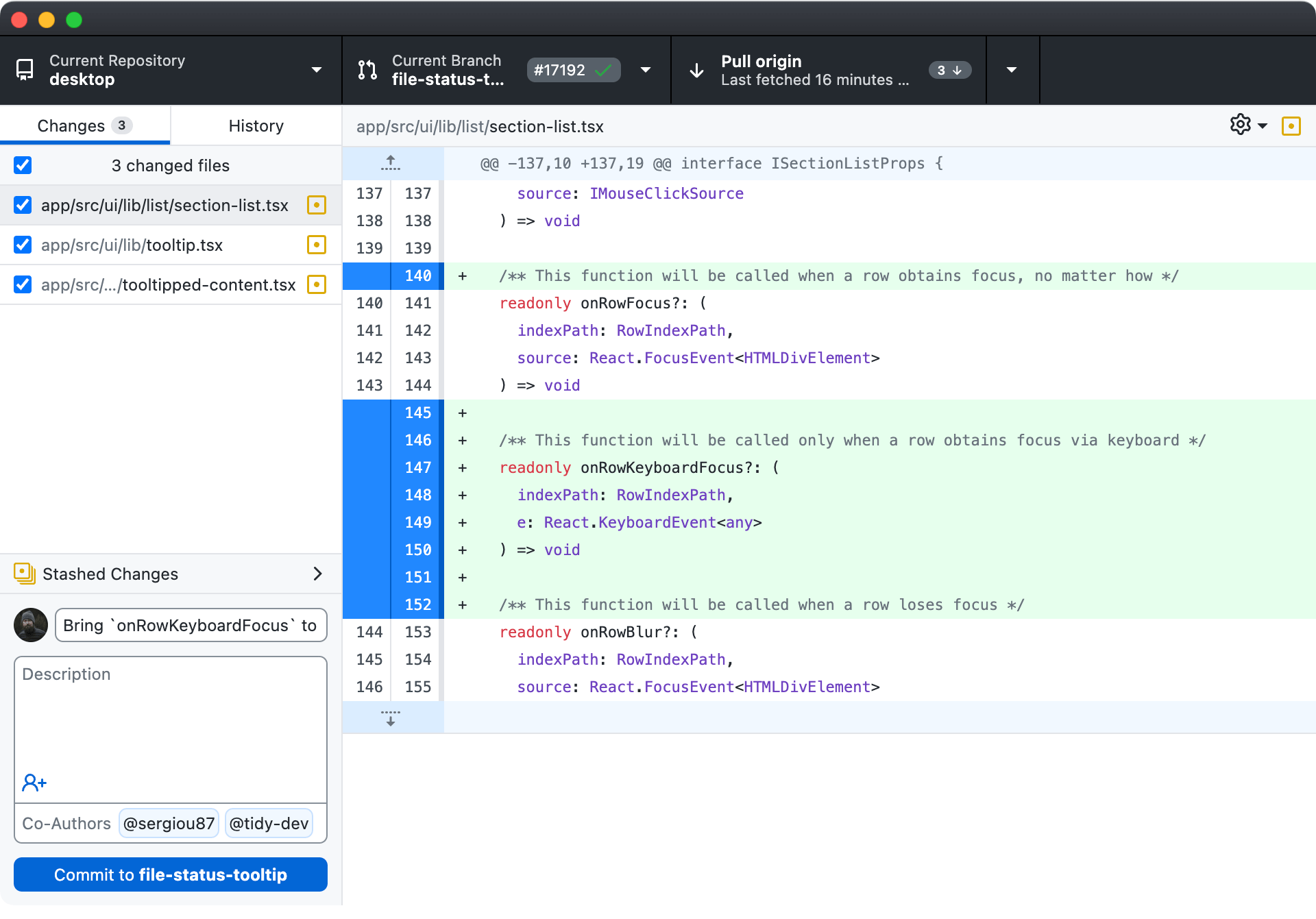 screenshot of GitHub dashboard with a current branch
