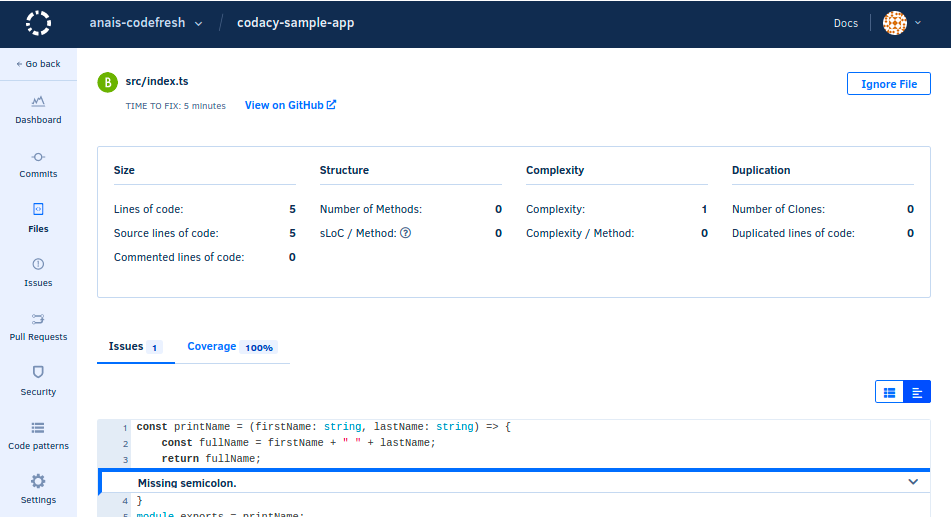 screenshot of Codacy dashboard