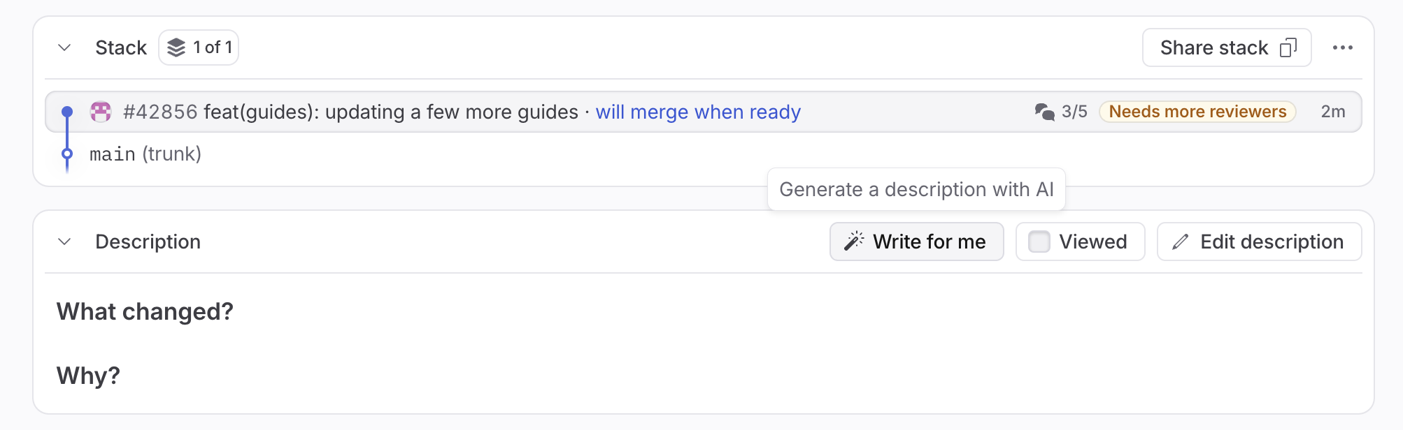 screenshot of generating a pr description