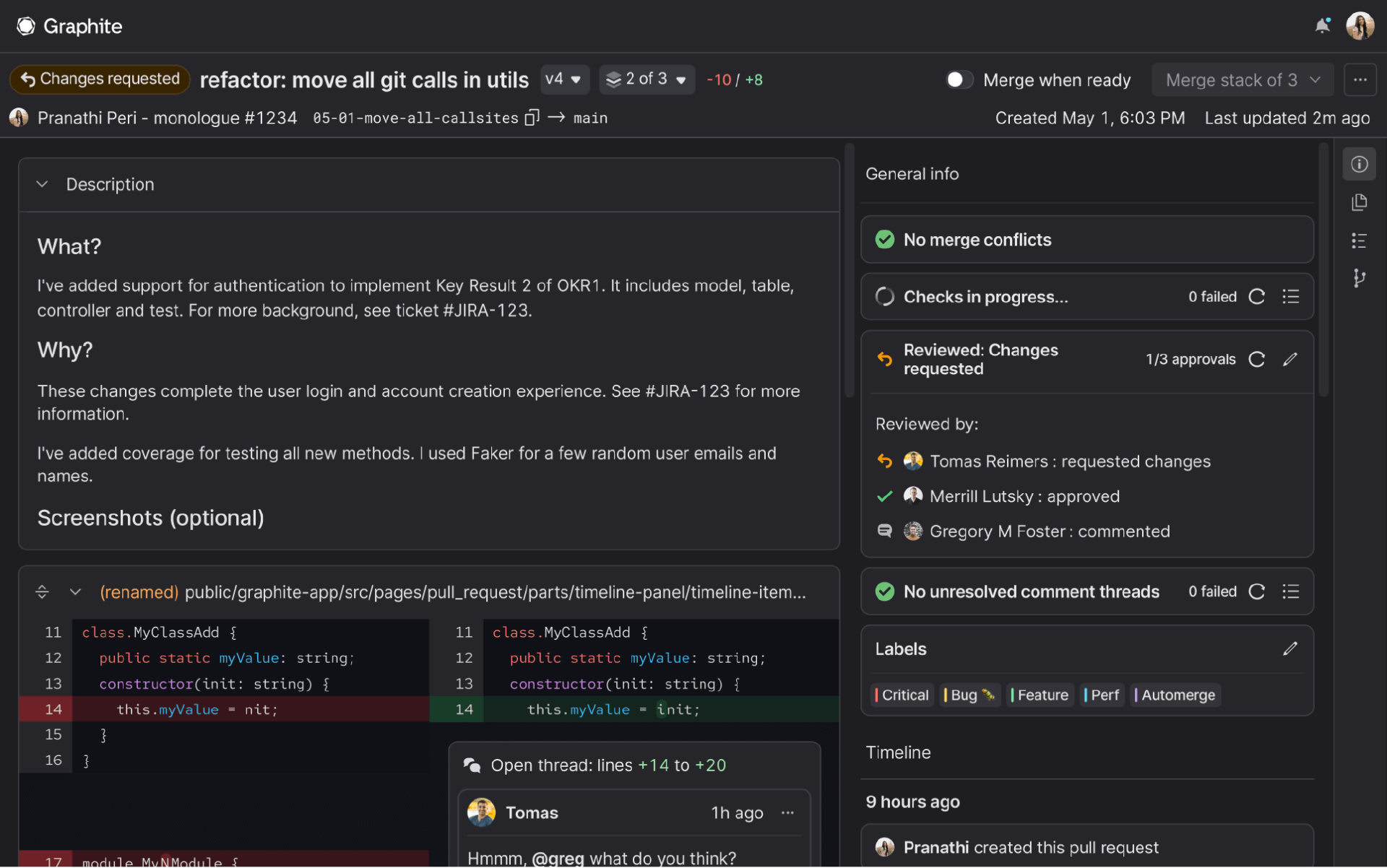 screenshot of the graphite inbox showing a change request with no merge conflicts and what what/why of the request