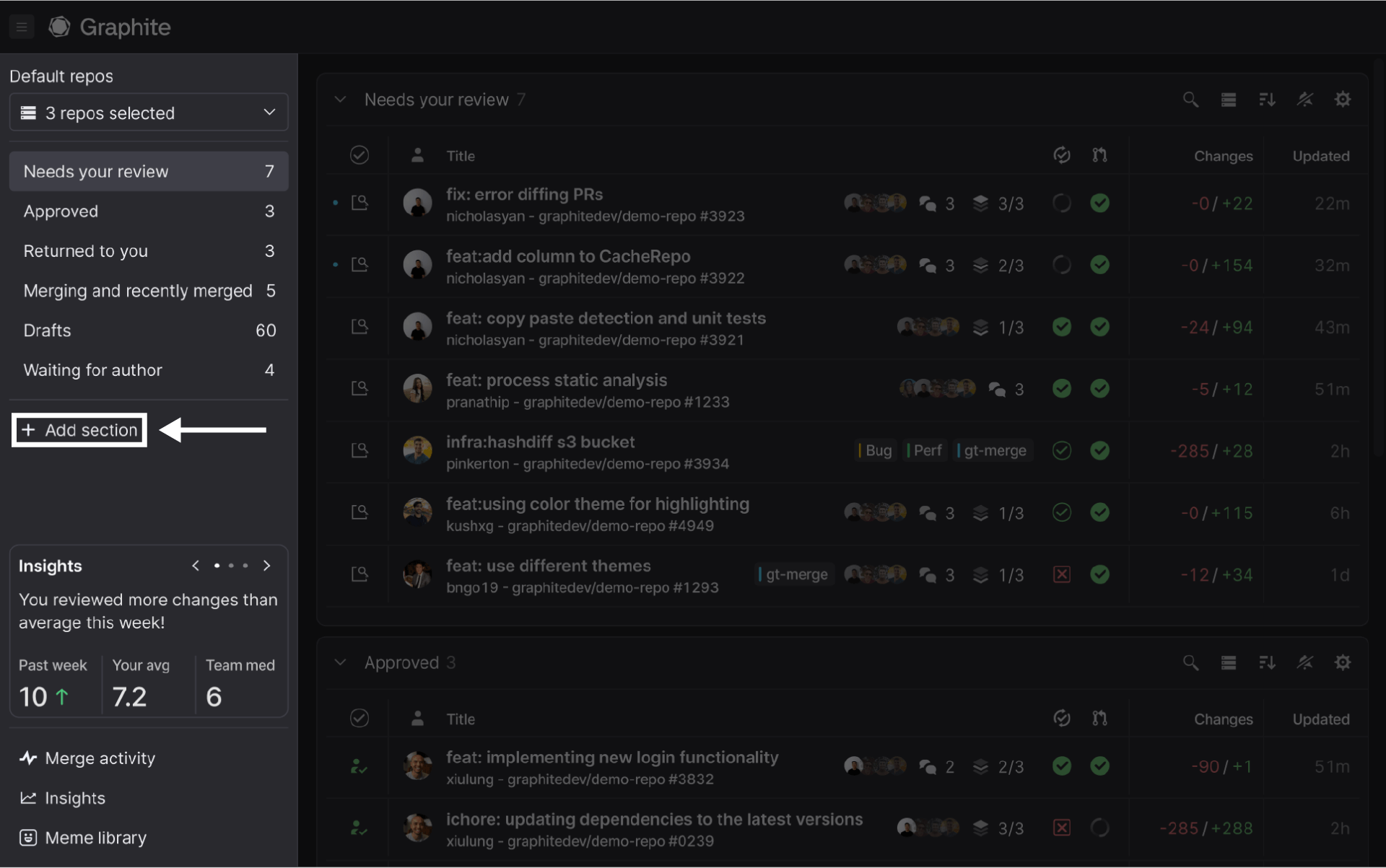 screenshot showing the lefthand nav menu under "default repos" indicated the "add section" button under "waiting for author"