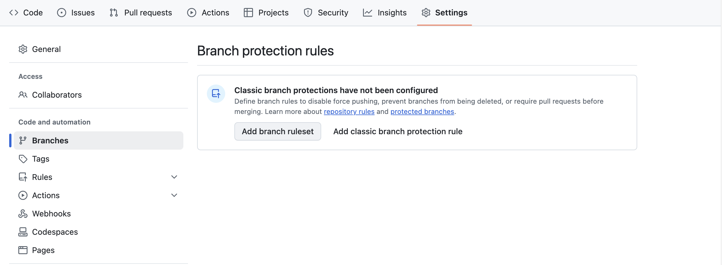 screenshot of branch protection rules