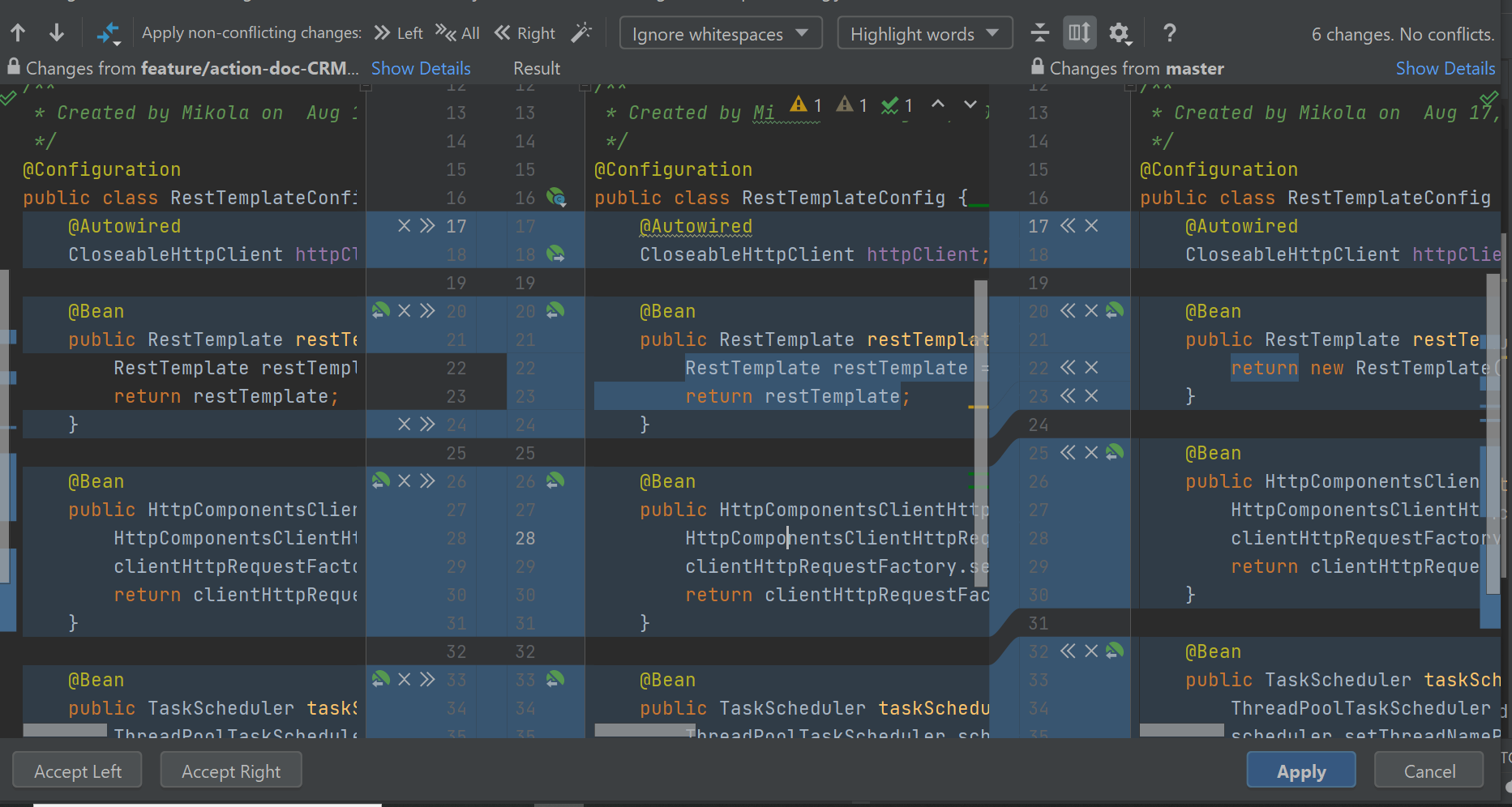screenshot of jetbrains IDE merge conflict resolution
