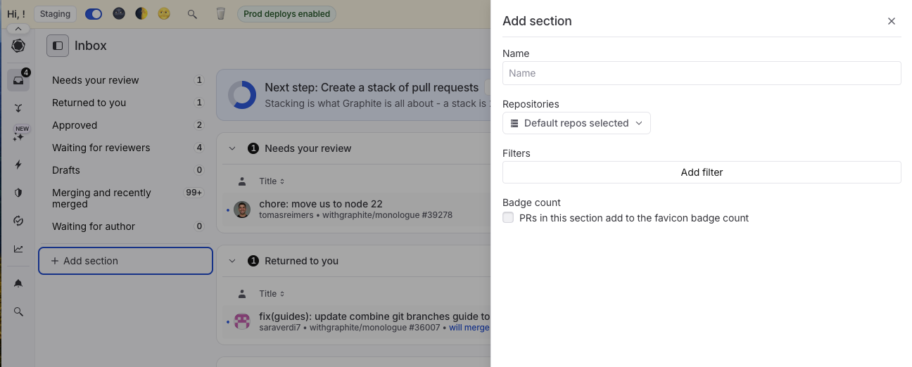 screenshot of adding a section in the PR inbox